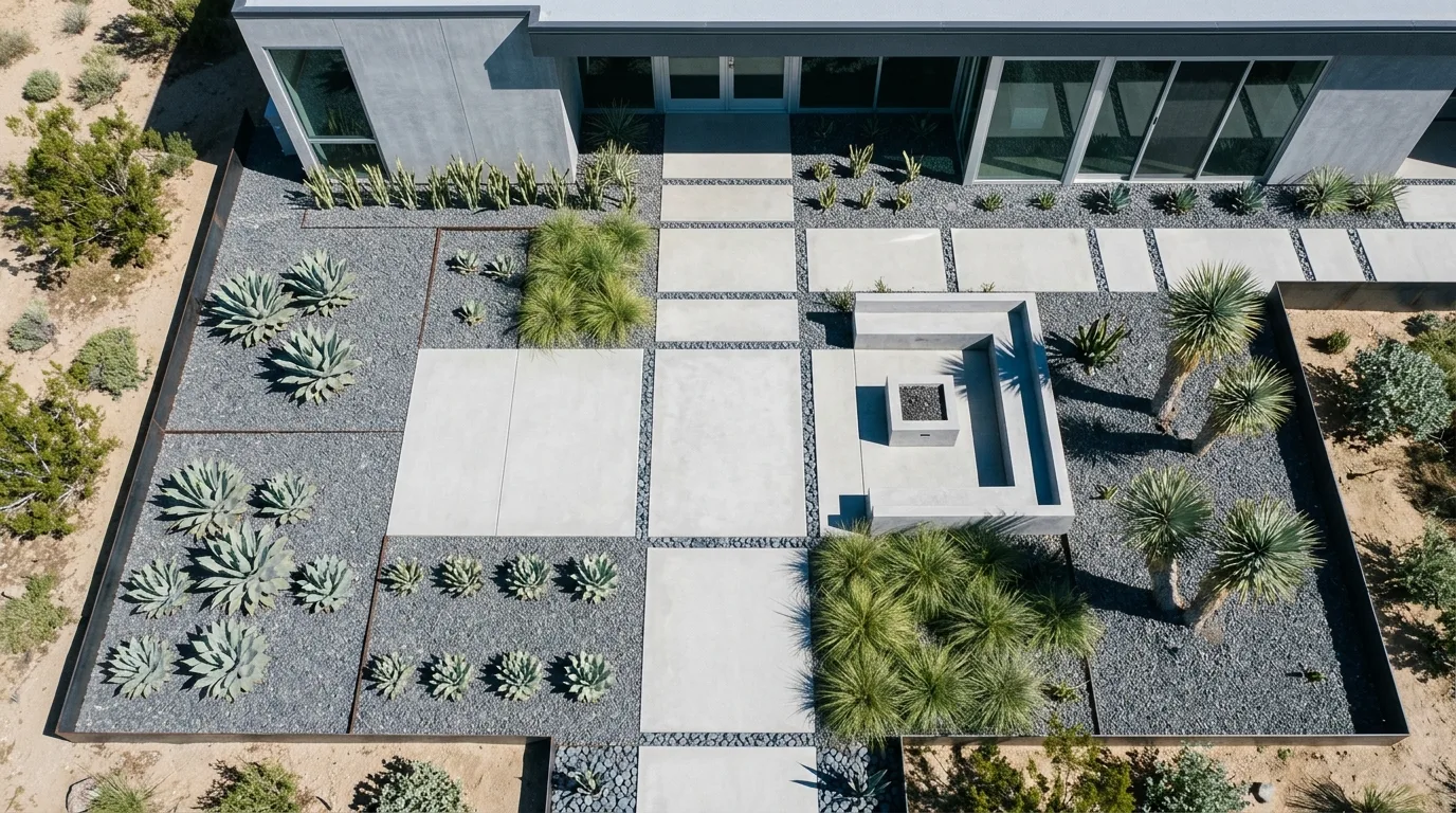 A Scandinavian landscape with a minimalist kitchen garden edge, no people