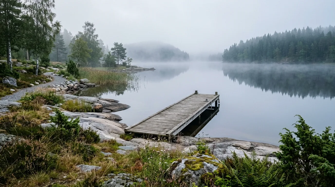 A minimalist Scandinavian landscape with rock moss and low planting, no people
