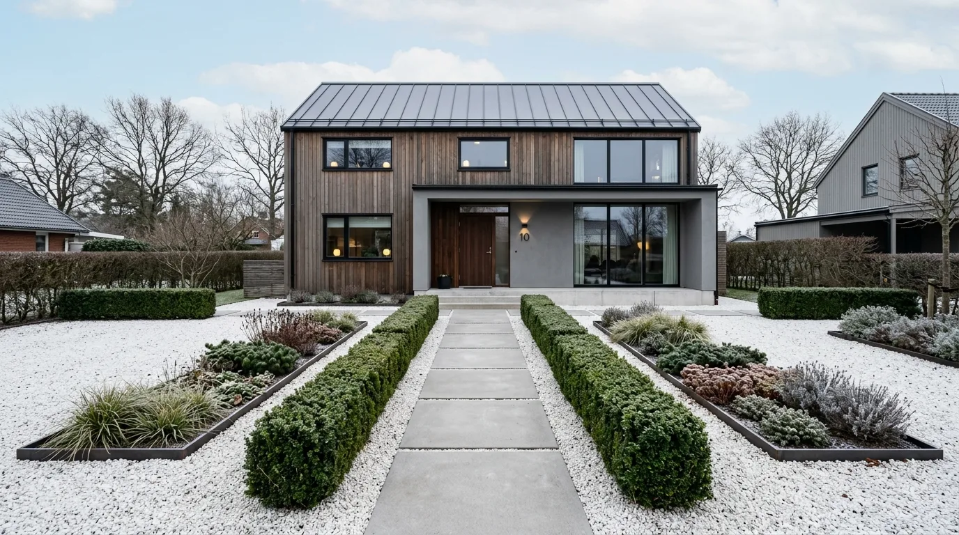A Scandinavian landscape entry with pale paving and evergreens, no people