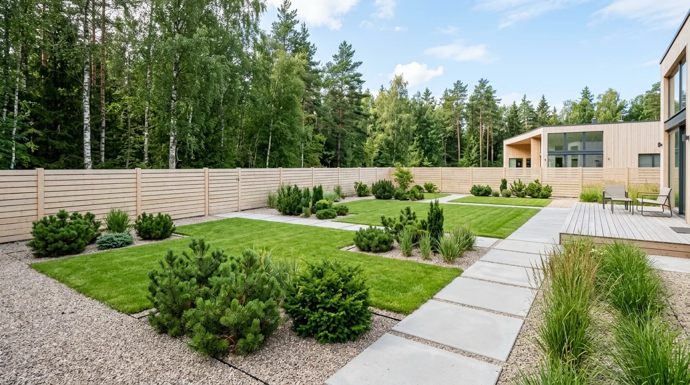 A Scandinavian front yard with birch trees and understated planting, no people