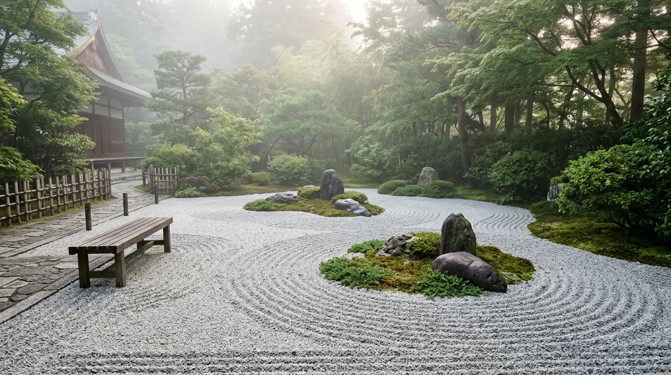 A tranquil zen landscape with raked gravel pine and stone lantern, no people