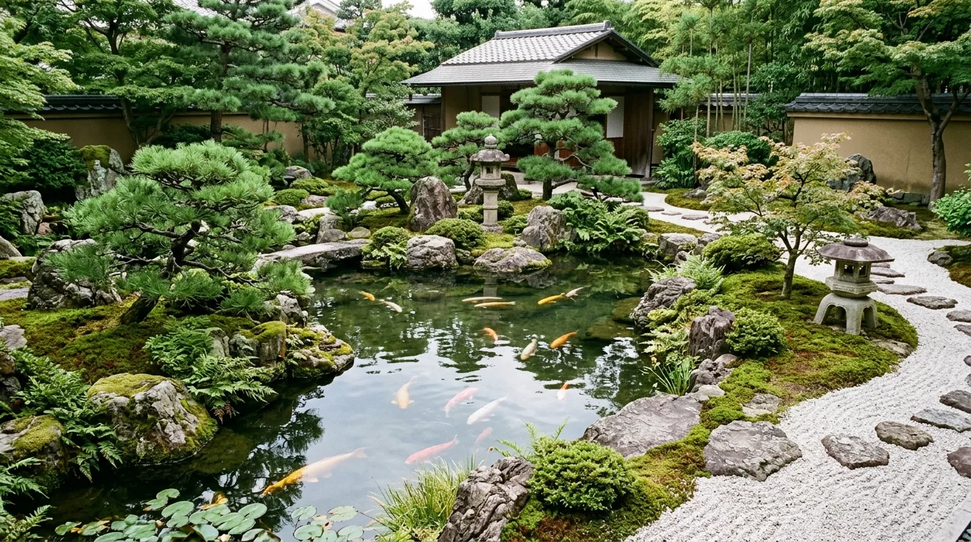 A zen landscape with stepping stones moss and pale gravel, no people
