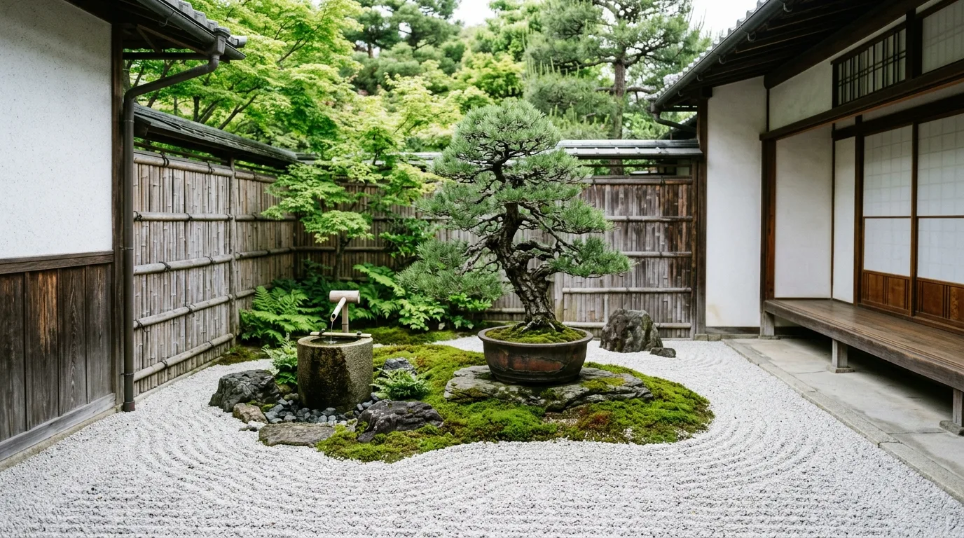 A tranquil zen garden with bamboo screening and soft light, no people