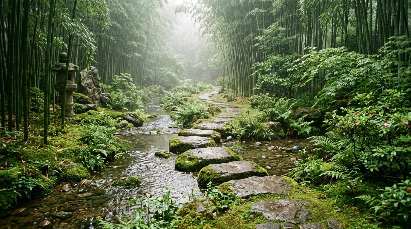 A zen courtyard landscape with a basin fountain, no people
