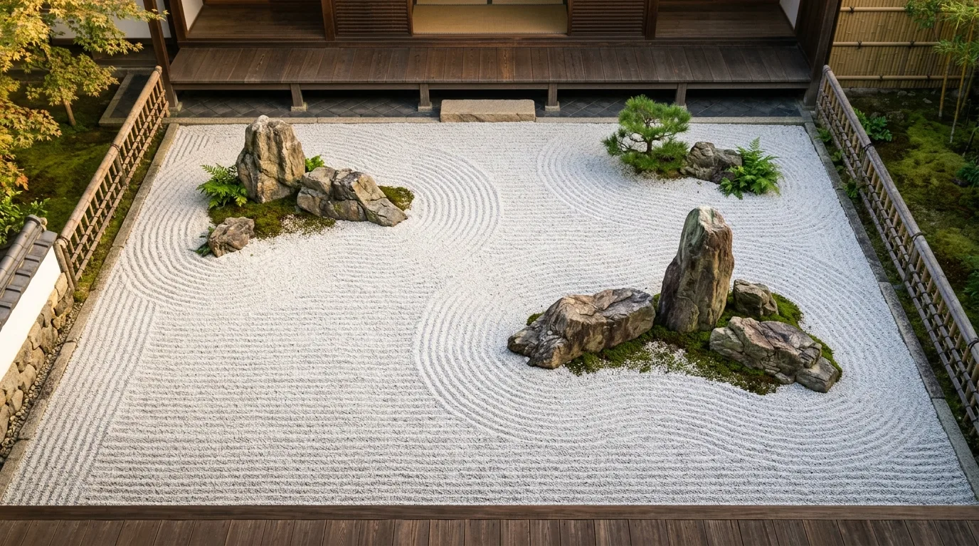 A tranquil zen landscape with a dry stream bed, no people