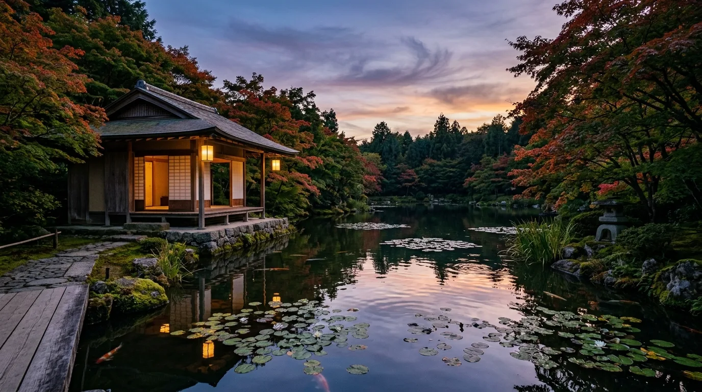 A zen landscape entry with weathered stone and clipped greenery, no people