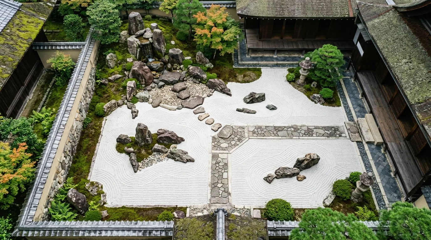 A zen landscape with a small bridge over gravel, no people