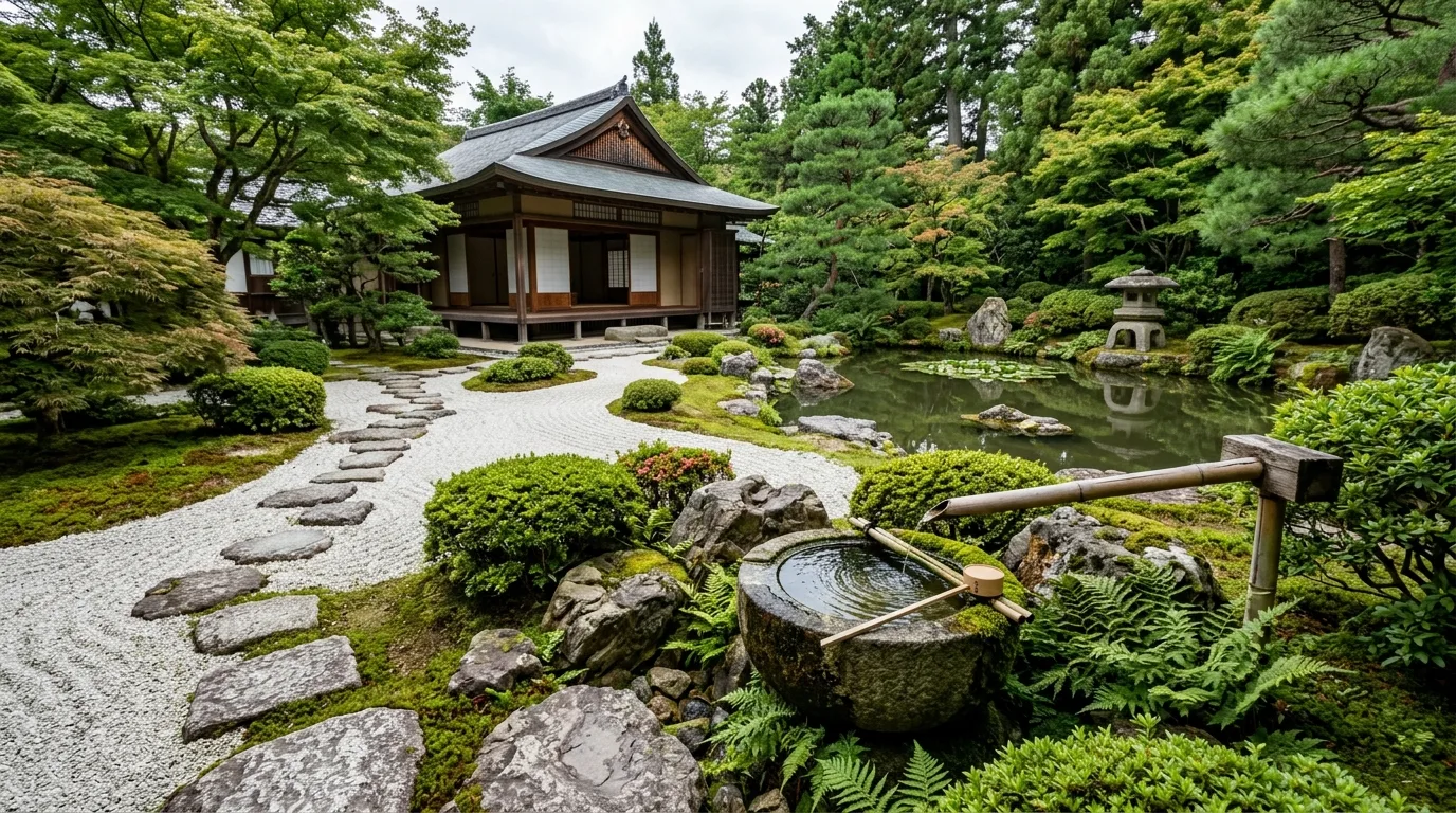 A minimalist zen wall garden with stone and one shaped shrub, no people