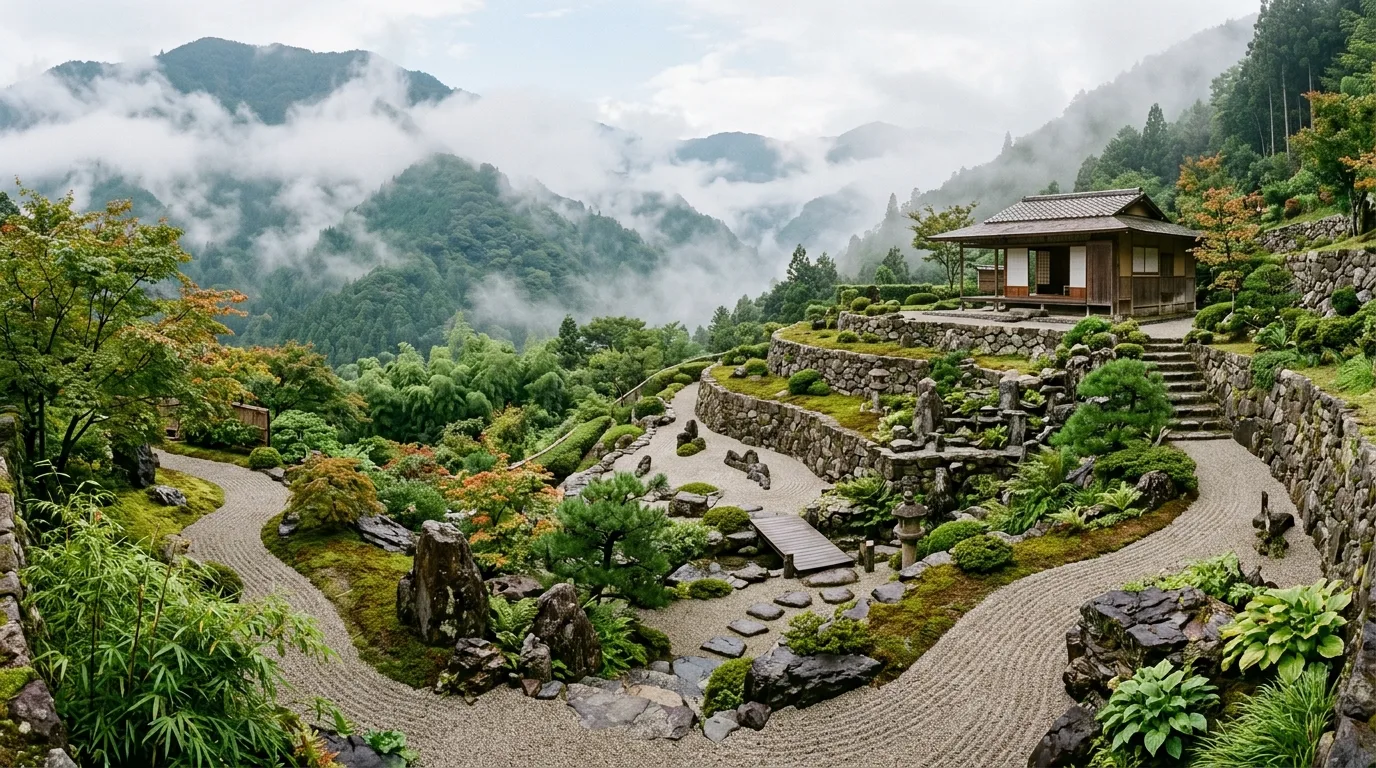 A compact urban zen landscape with clean lines, no people
