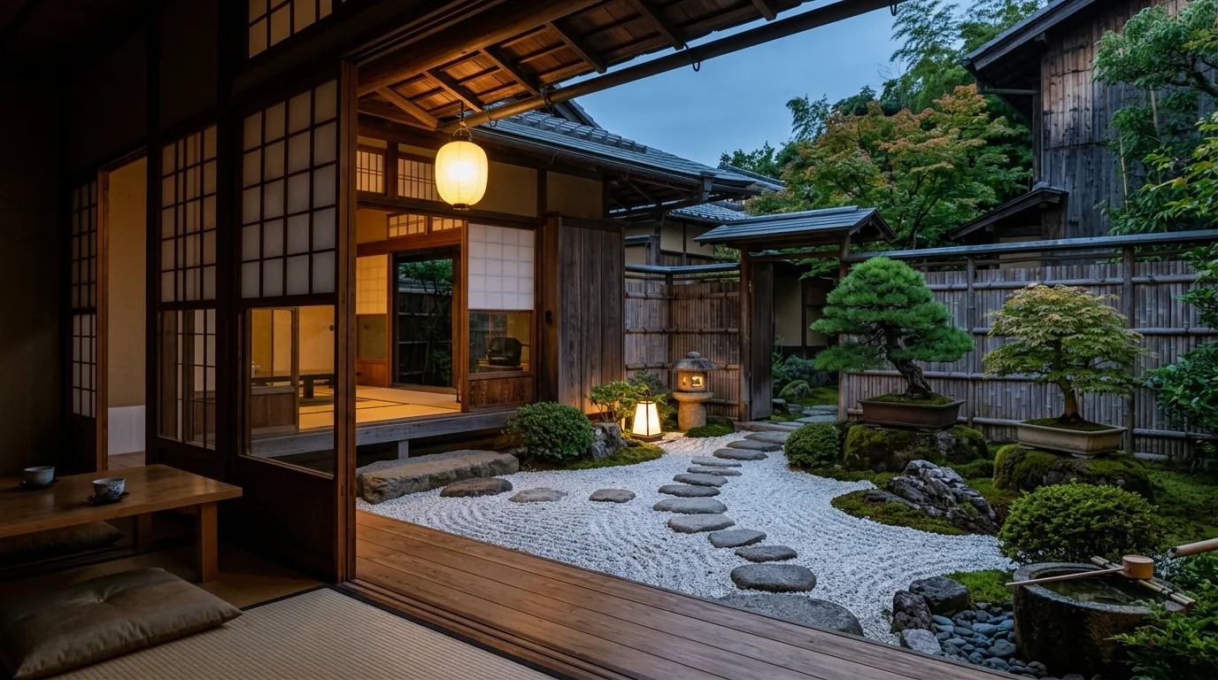 A tranquil zen terrace with simple paving and low planting, no people