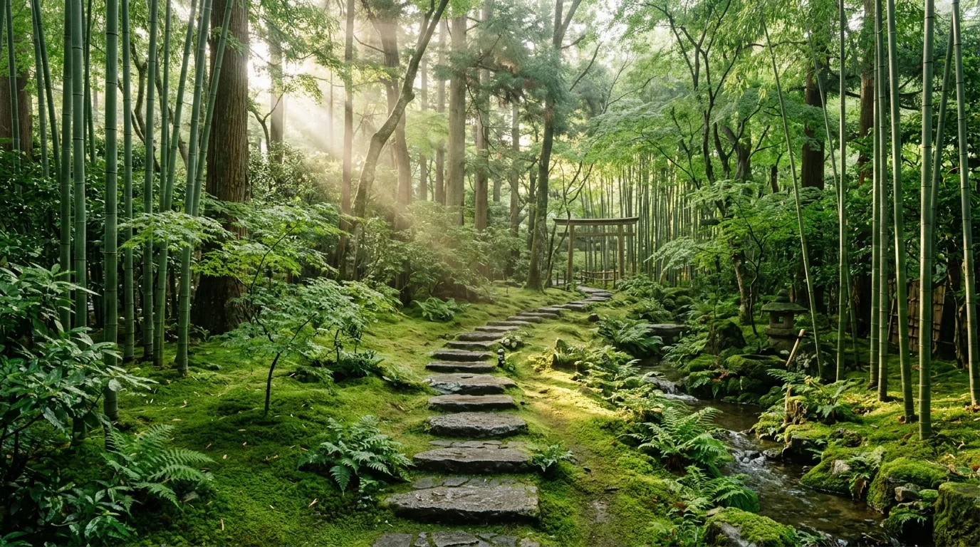 A tranquil zen landscape balancing stone water and open space, no people