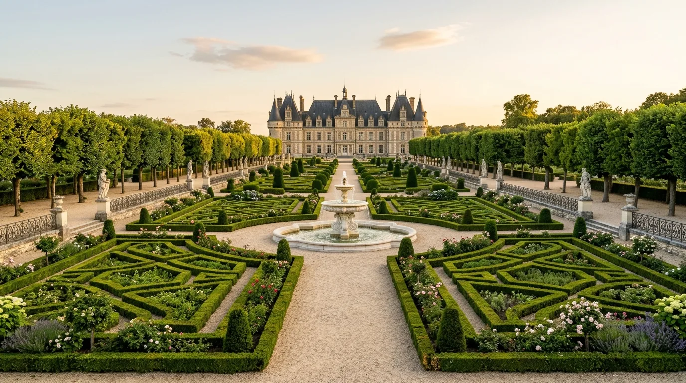 A romantic French landscape with boxwood parterre and roses, no people