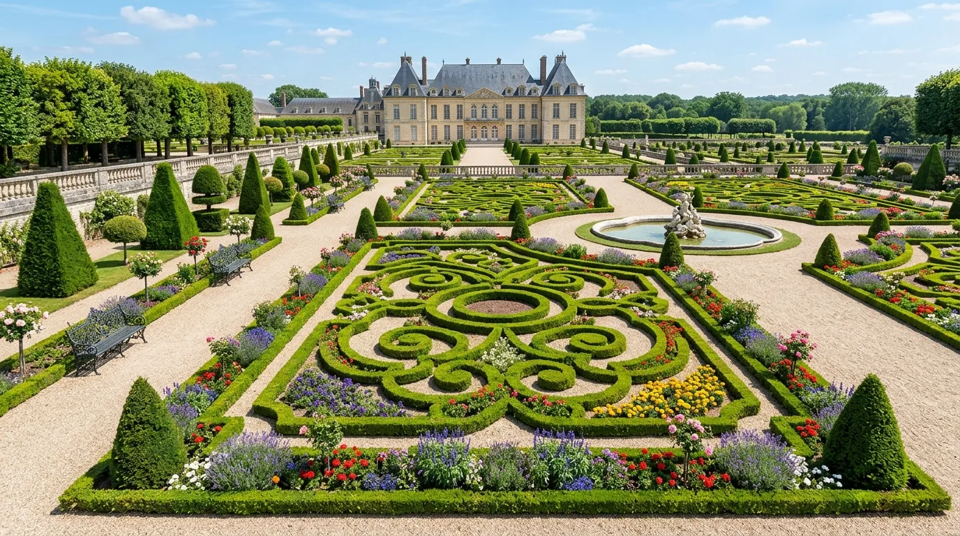 A French landscape with a central fountain and gravel court, no people