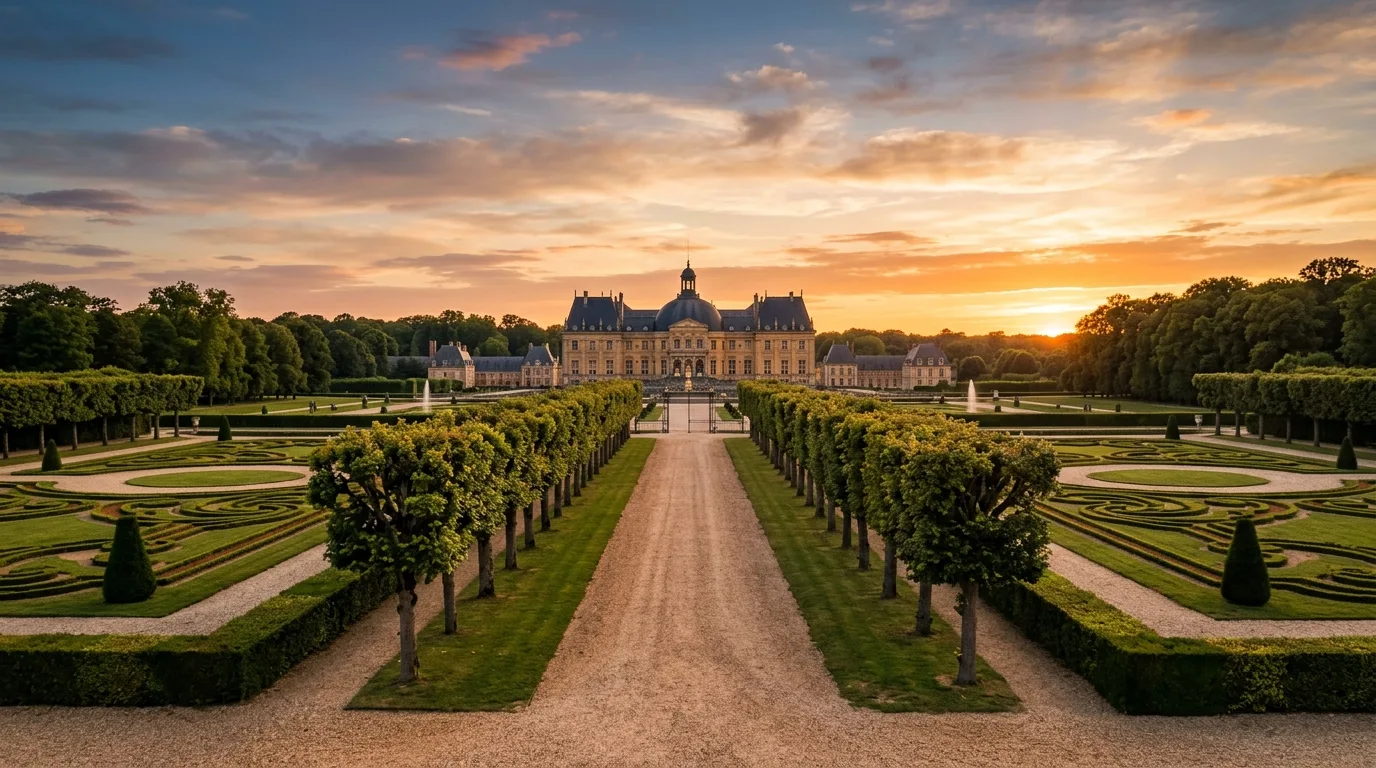 A romantic French terrace landscape with urns and climbing flowers, no people