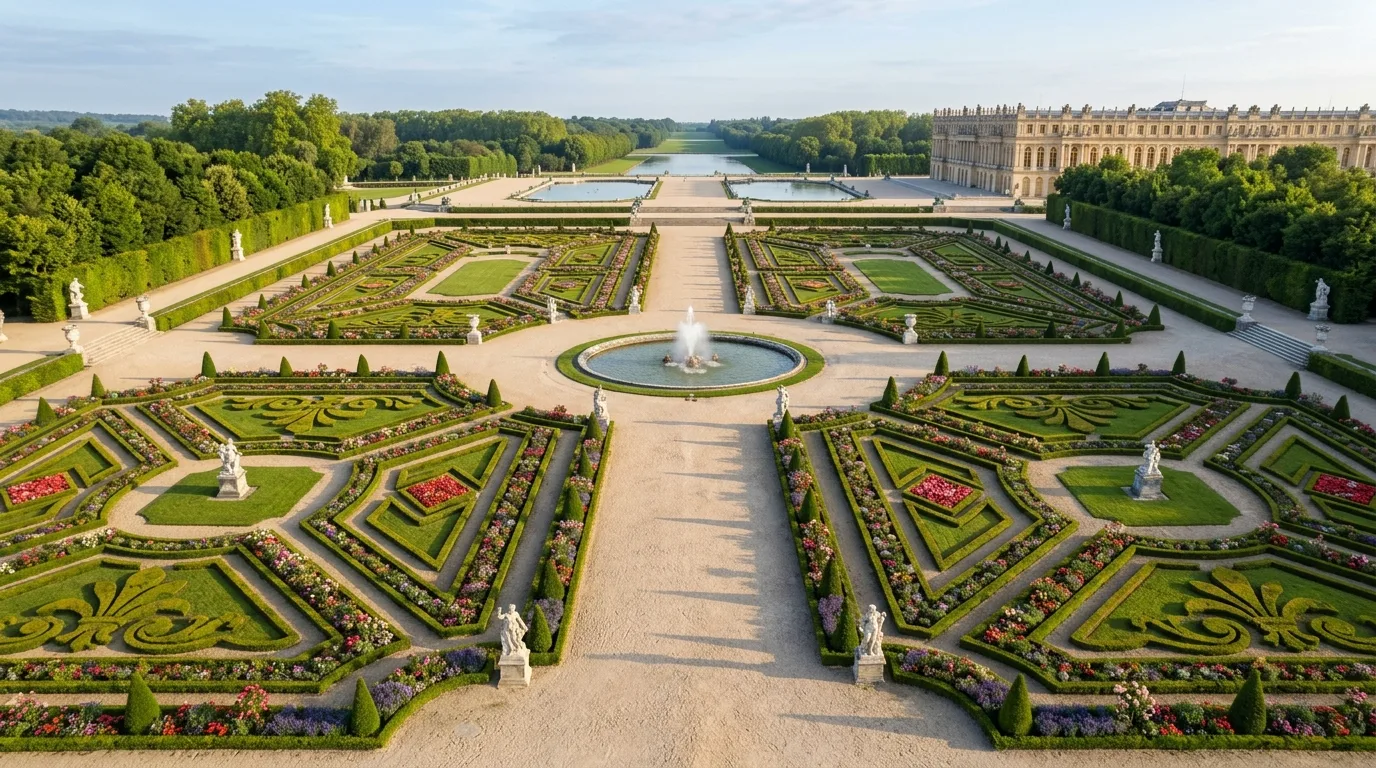 A romantic French kitchen garden with neat ordered beds, no people