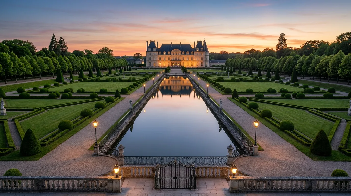 A French courtyard landscape with aged stone and lavender, no people