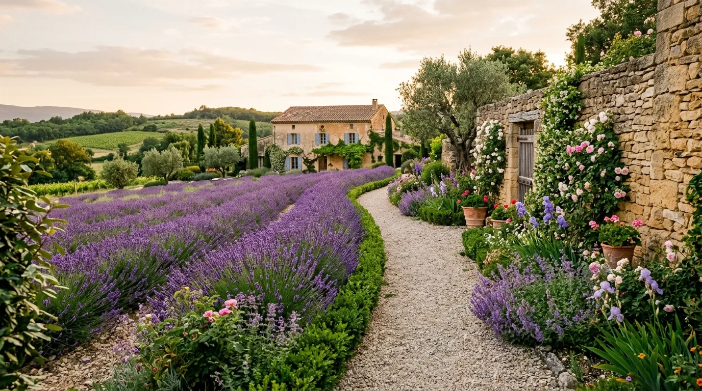 A romantic French landscape with a formal lawn and clipped hedges, no people
