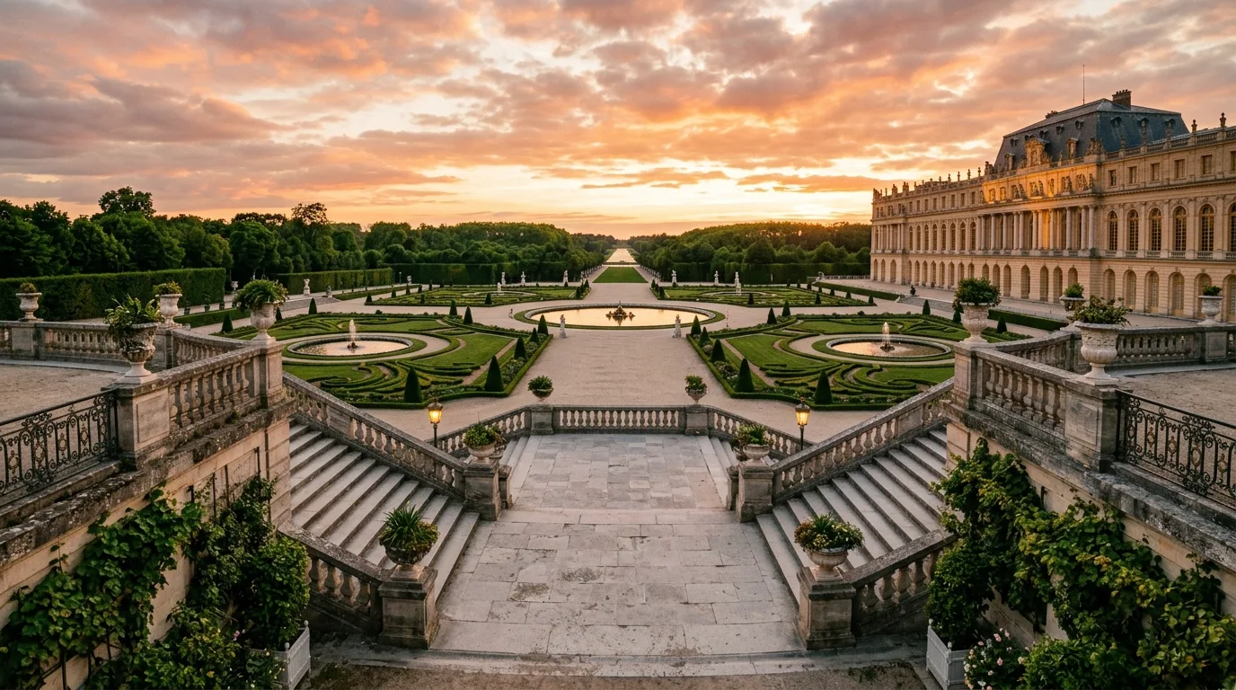 A French landscape with orchard trees gravel paths and seating, no people