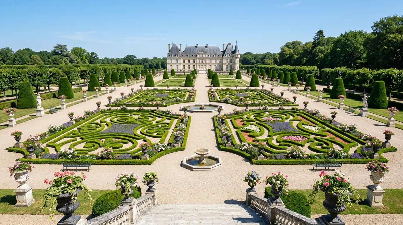 A romantic French garden entry with wrought iron gate, no people