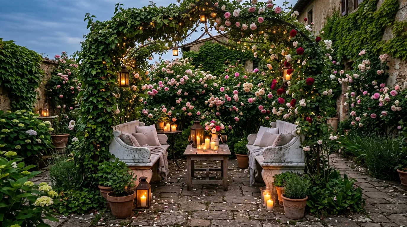 A French landscape with roses and a classical statue, no people