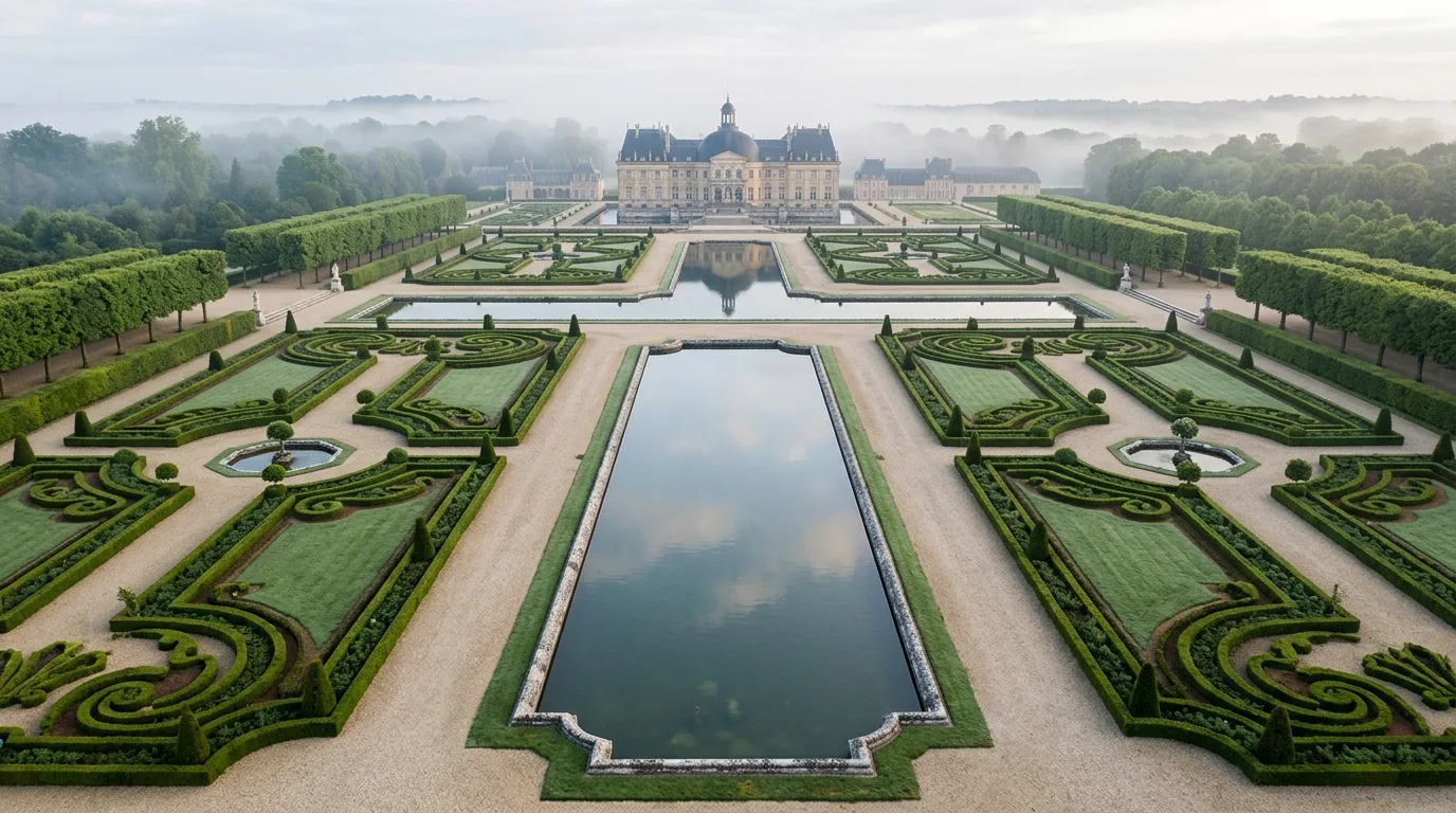 A romantic French landscape with a formal water rill, no people