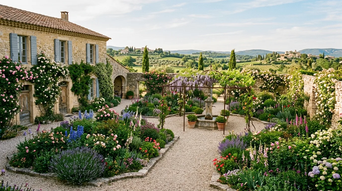 A romantic French formal garden with balanced softness and structure, no people