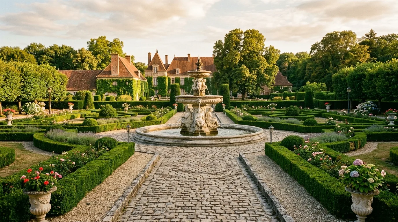 An elegant European landscape with stone courtyard and weathered urns, no people