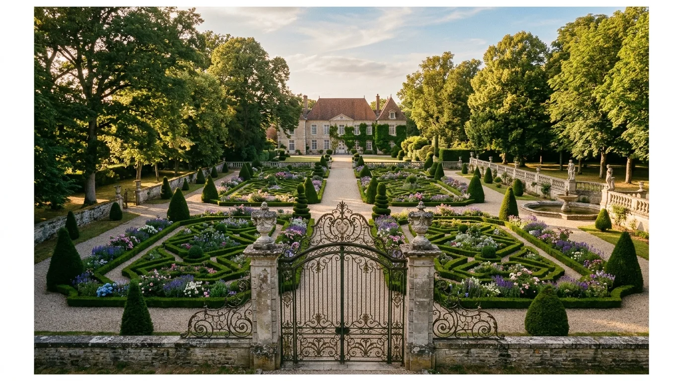 A European landscape with gravel drive cypress and lavender, no people