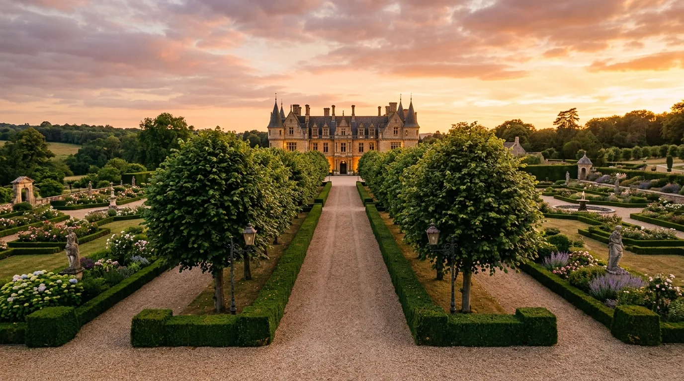 An elegant European walled garden with a centered fountain, no people