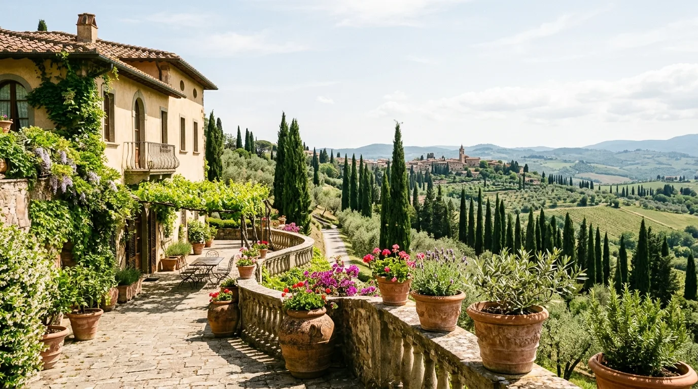 A European terrace landscape with warm stone and layered planting, no people