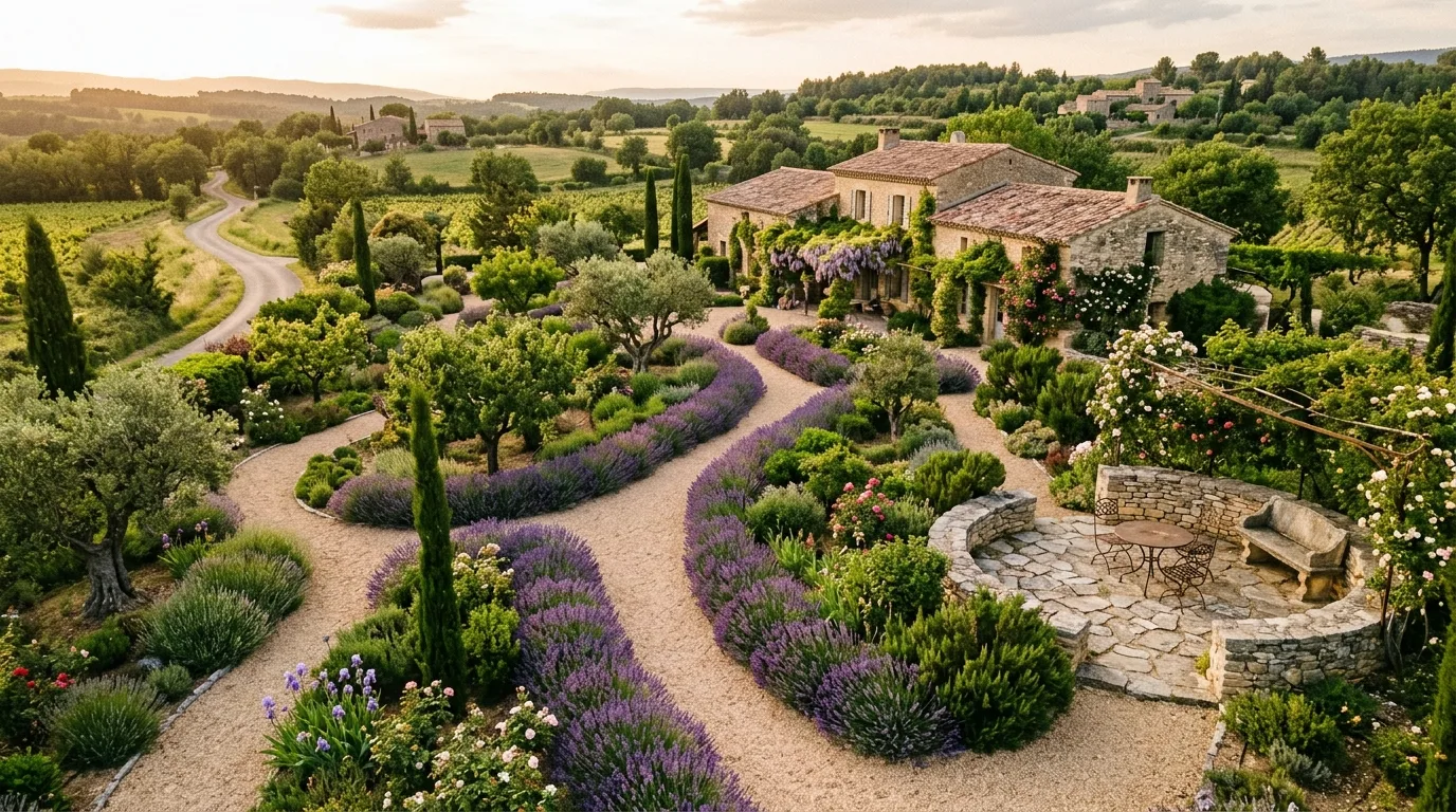An elegant European landscape path lined with roses, no people