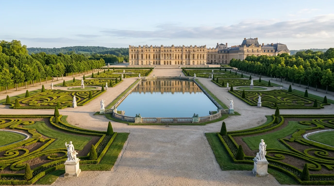 A European courtyard landscape with espalier and climbing greenery, no people