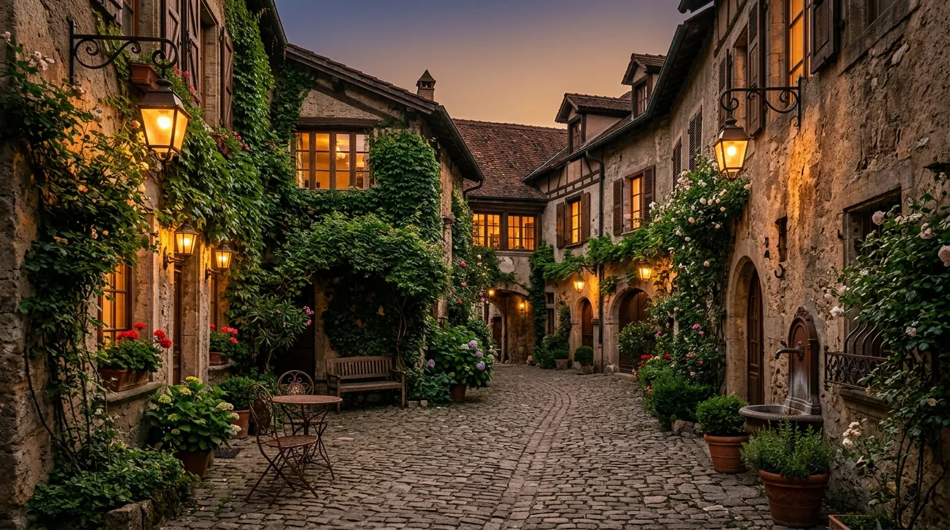 An elegant European landscape with broad steps and a formal lawn, no people
