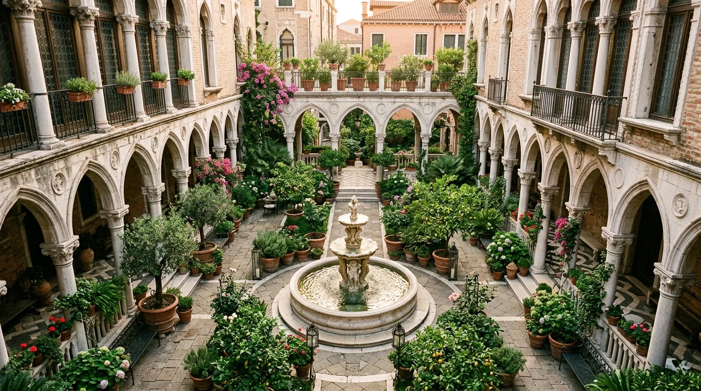 An elegant European landscape with brick and boxwood, no people