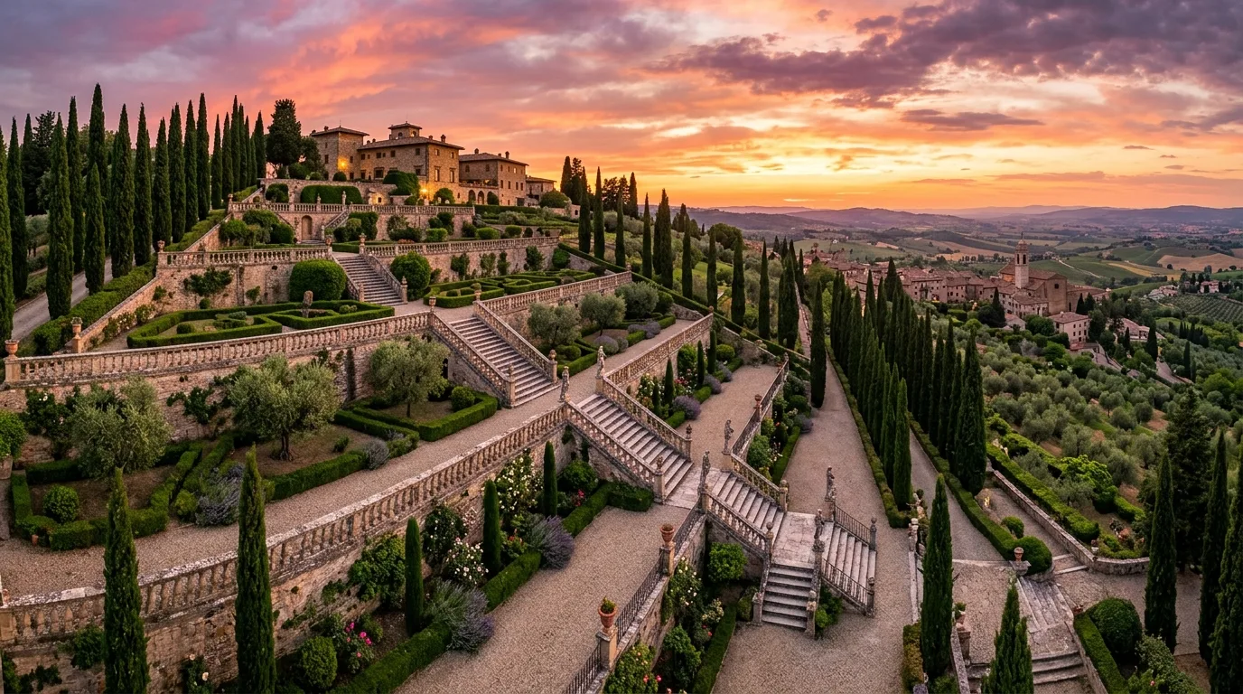 A European hillside landscape with terraces and stone walls, no people
