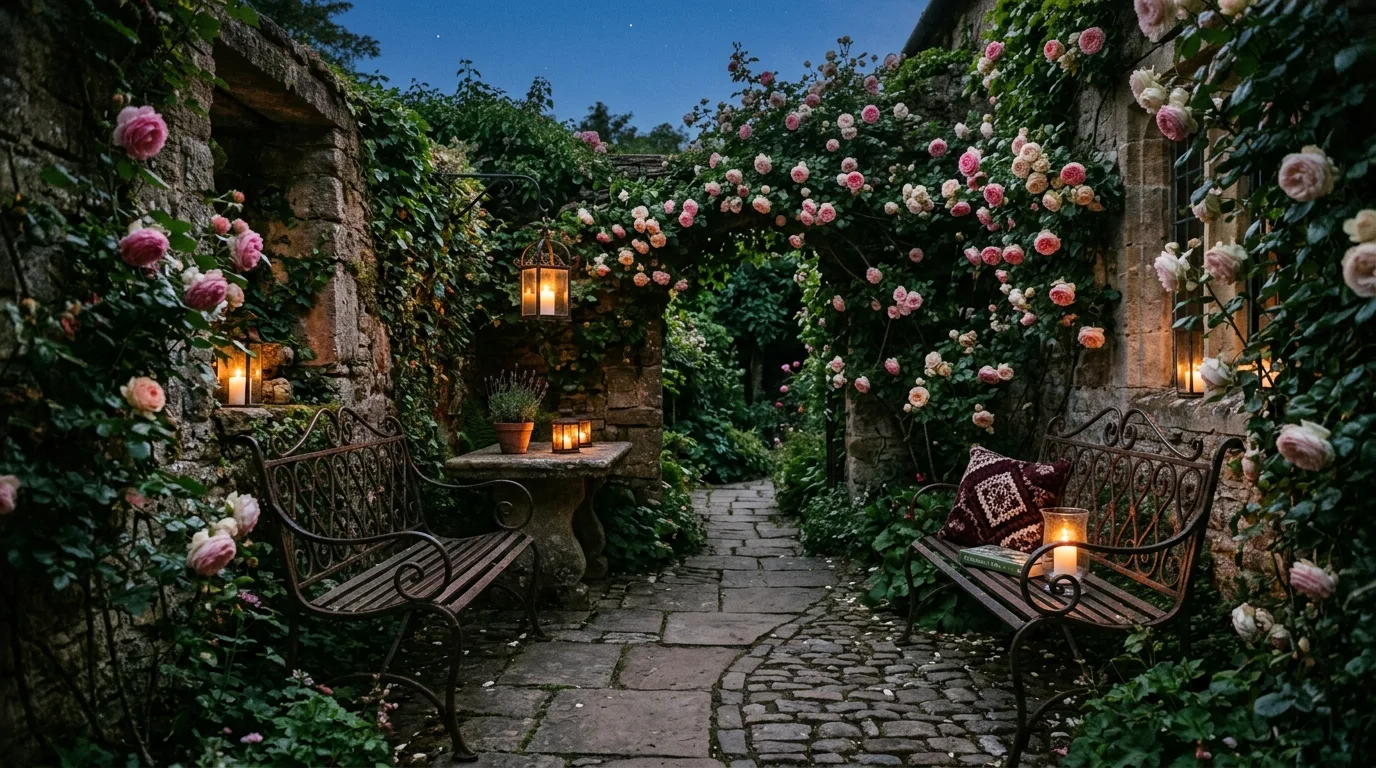 A European courtyard landscape with pottery and herbs, no people