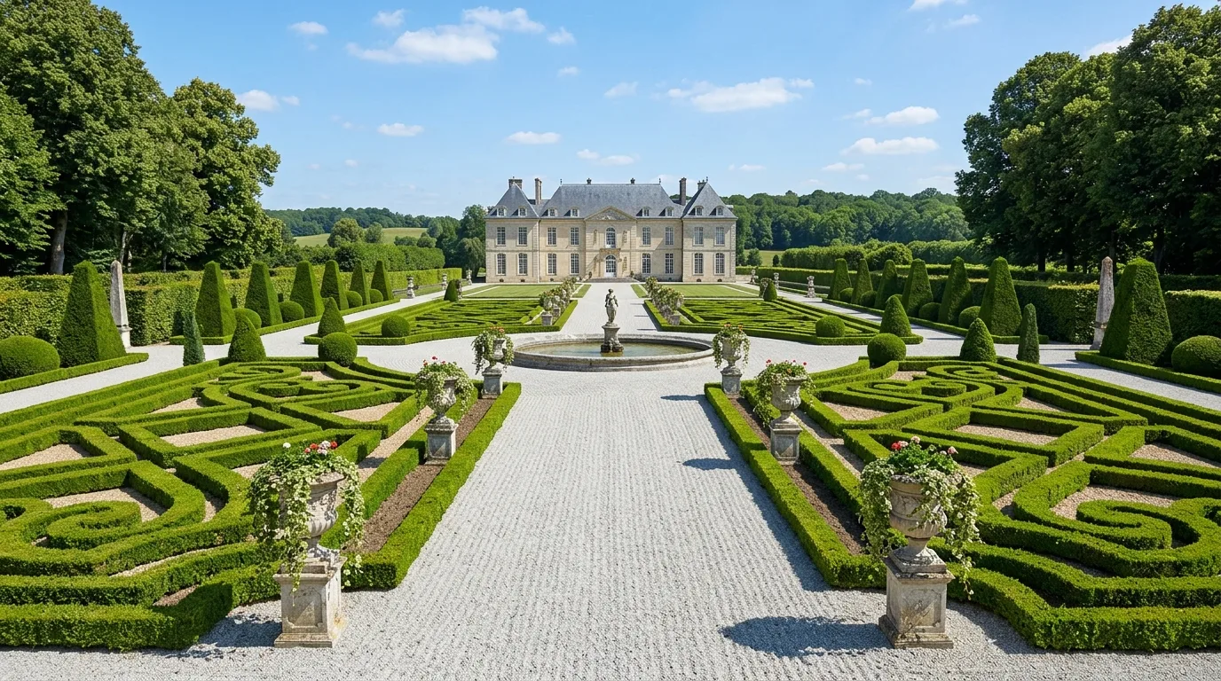 An elegant European niche garden with sculpture and restrained bloom, no people