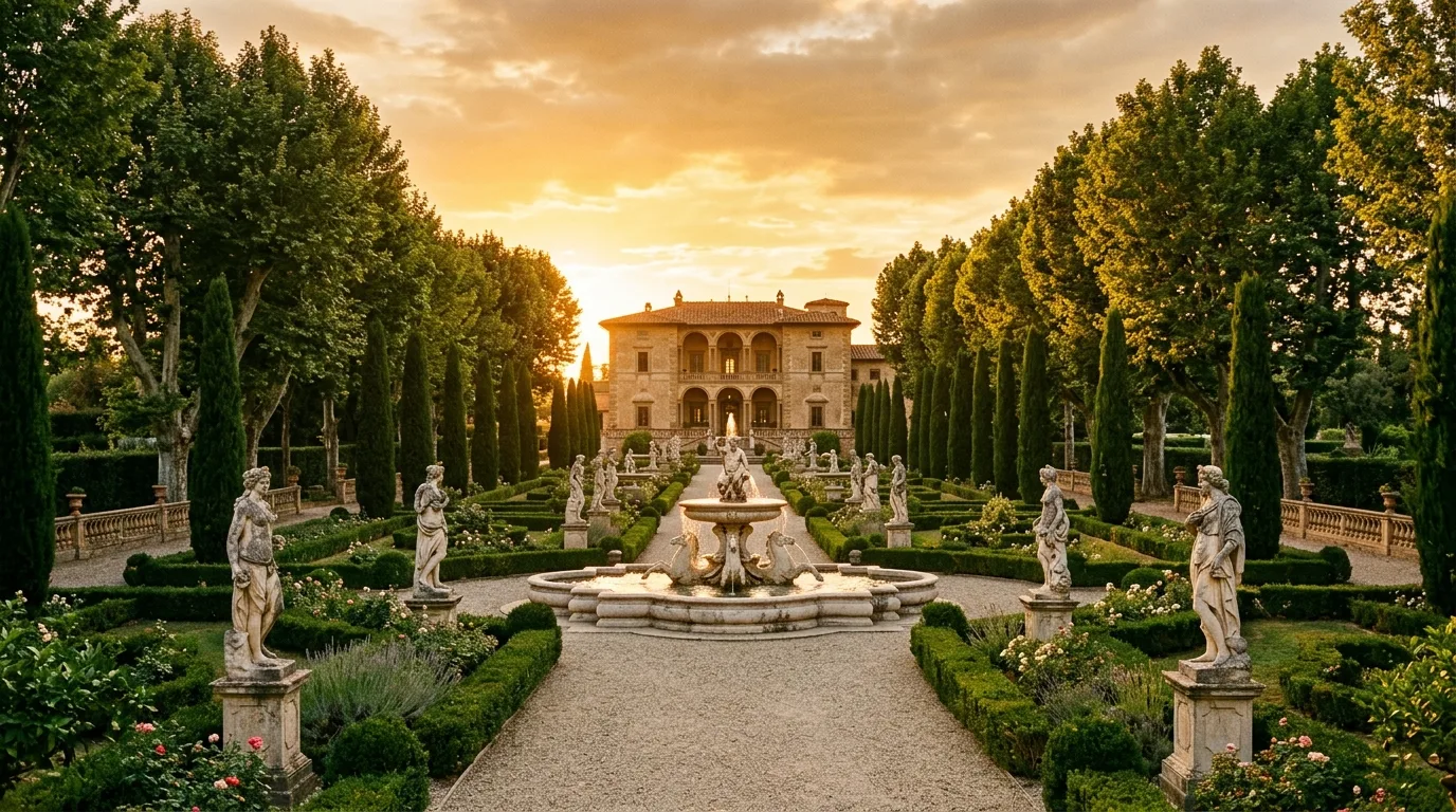 An elegant European landscape defined by patina and proportion, no people