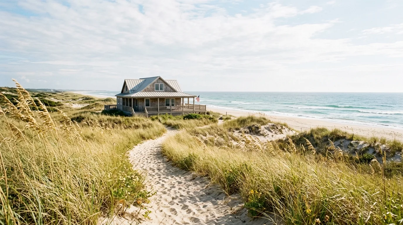 A breezy coastal landscape with grasses and pale gravel, no people
