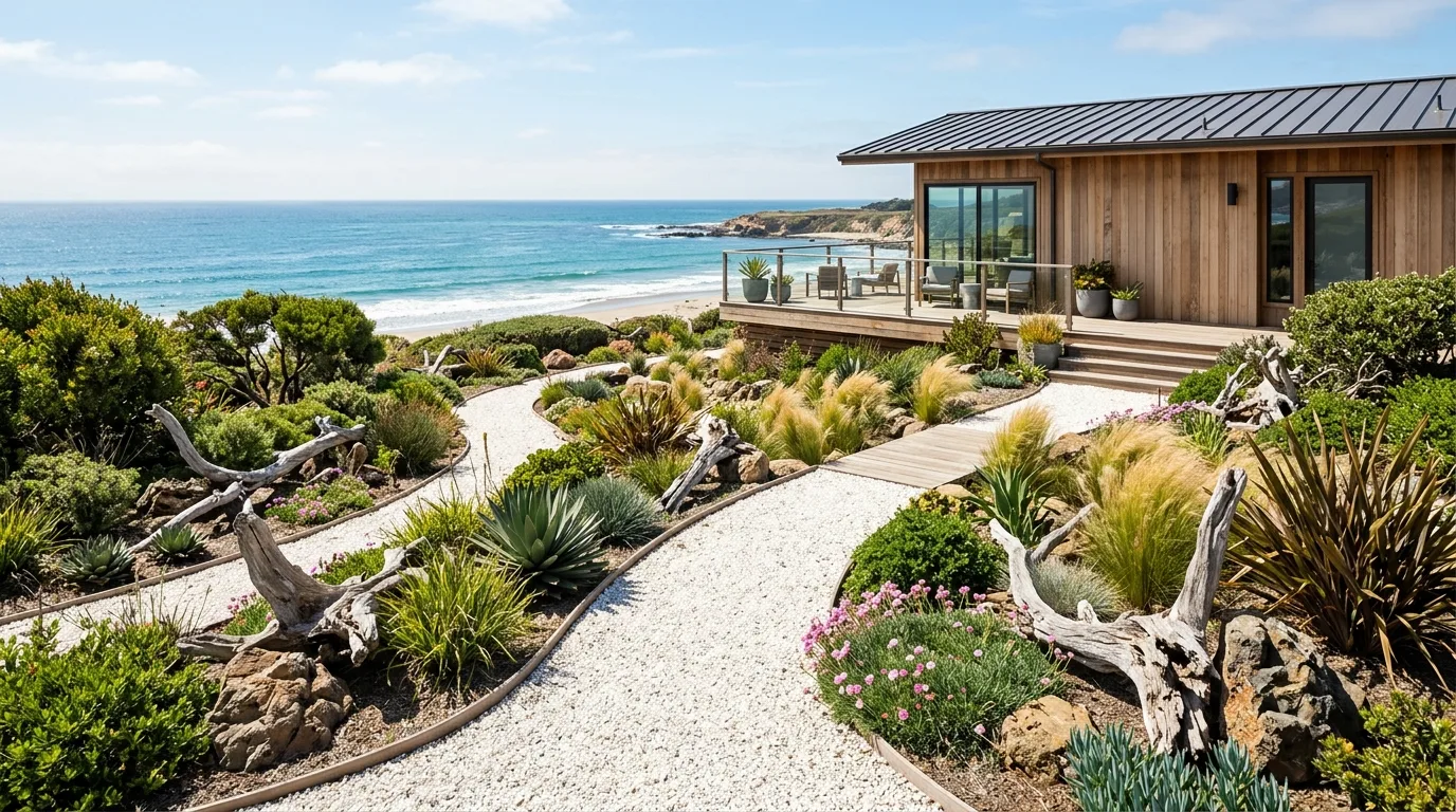 A coastal landscape entry walk with driftwood tones and soft planting, no people