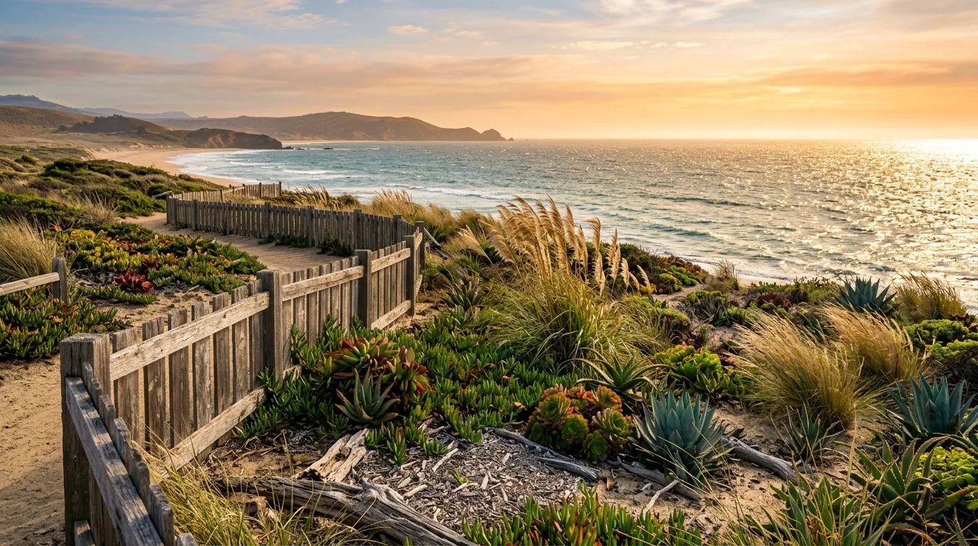 A breezy coastal landscape with palms and flowing planting, no people
