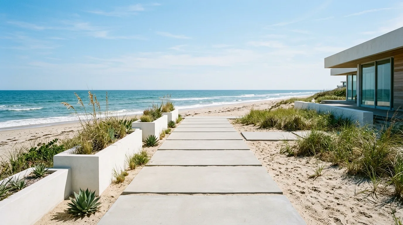 A breezy coastal courtyard landscape with woven shade, no people