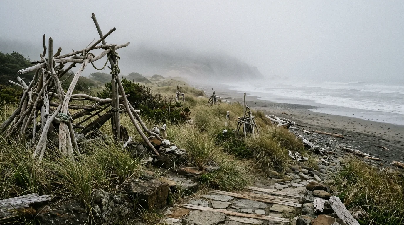 A breezy coastal deck landscape with silver foliage planting, no people