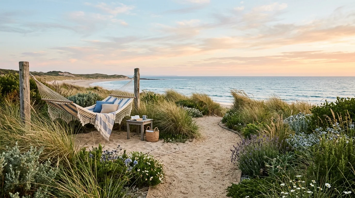 A breezy coastal landscape with hydrangeas and soft beach light, no people