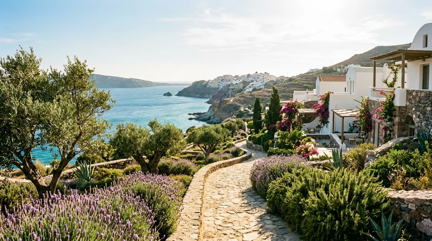 A coastal landscape path leading toward a water view, no people