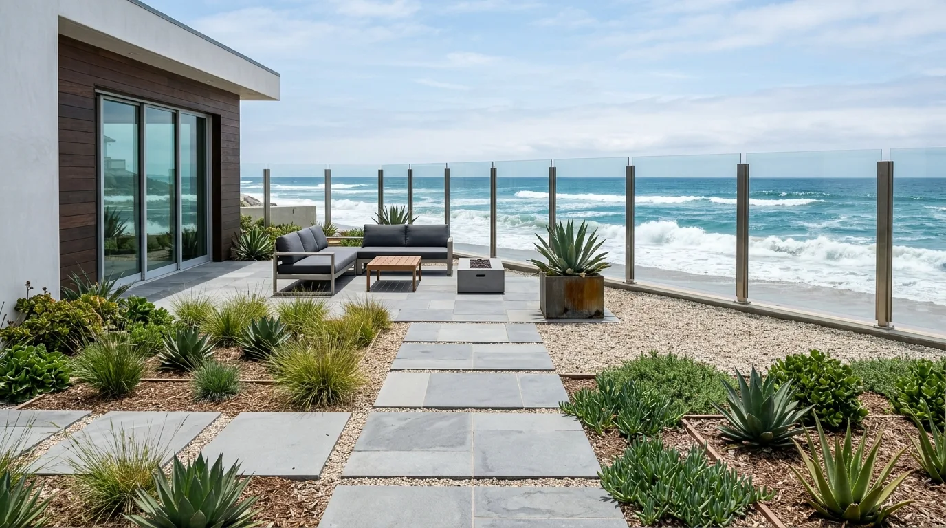 A wind tolerant coastal backyard landscape with layered planting, no people