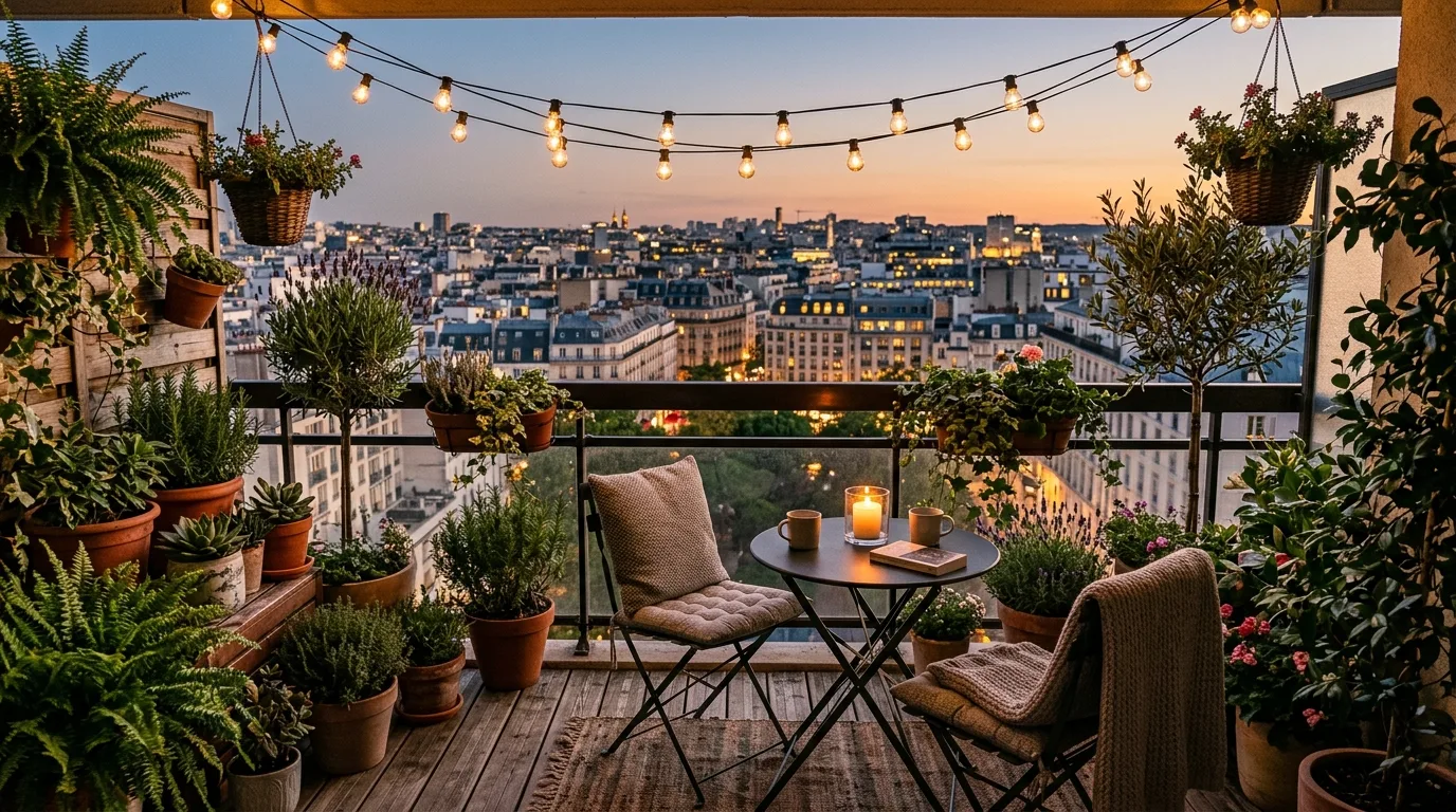 A cozy balcony landscape with herbs pots and cafe seating, no people