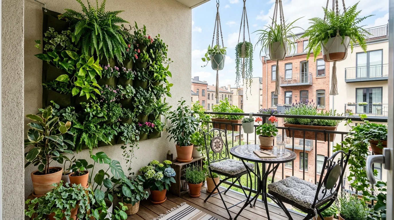 A cozy balcony landscape with layered railing planters, no people