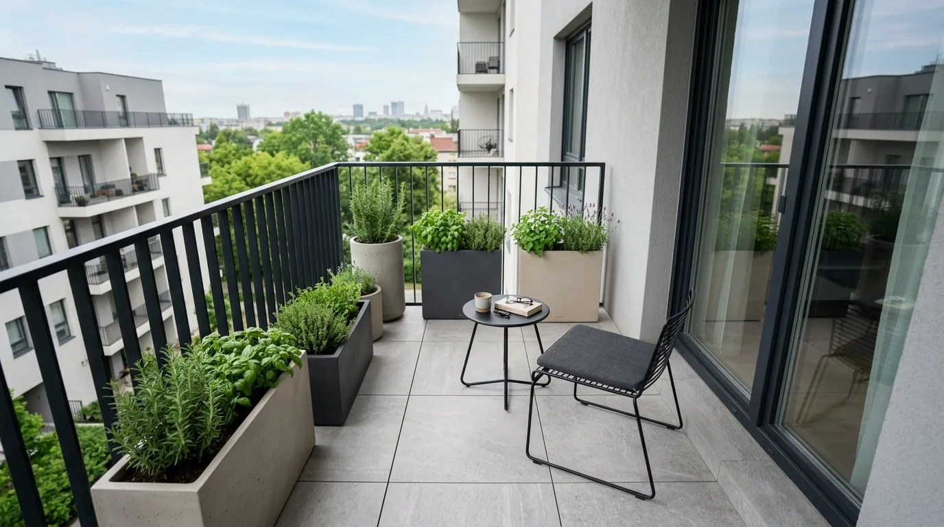 A shaded cozy balcony landscape with ferns and woven chair, no people