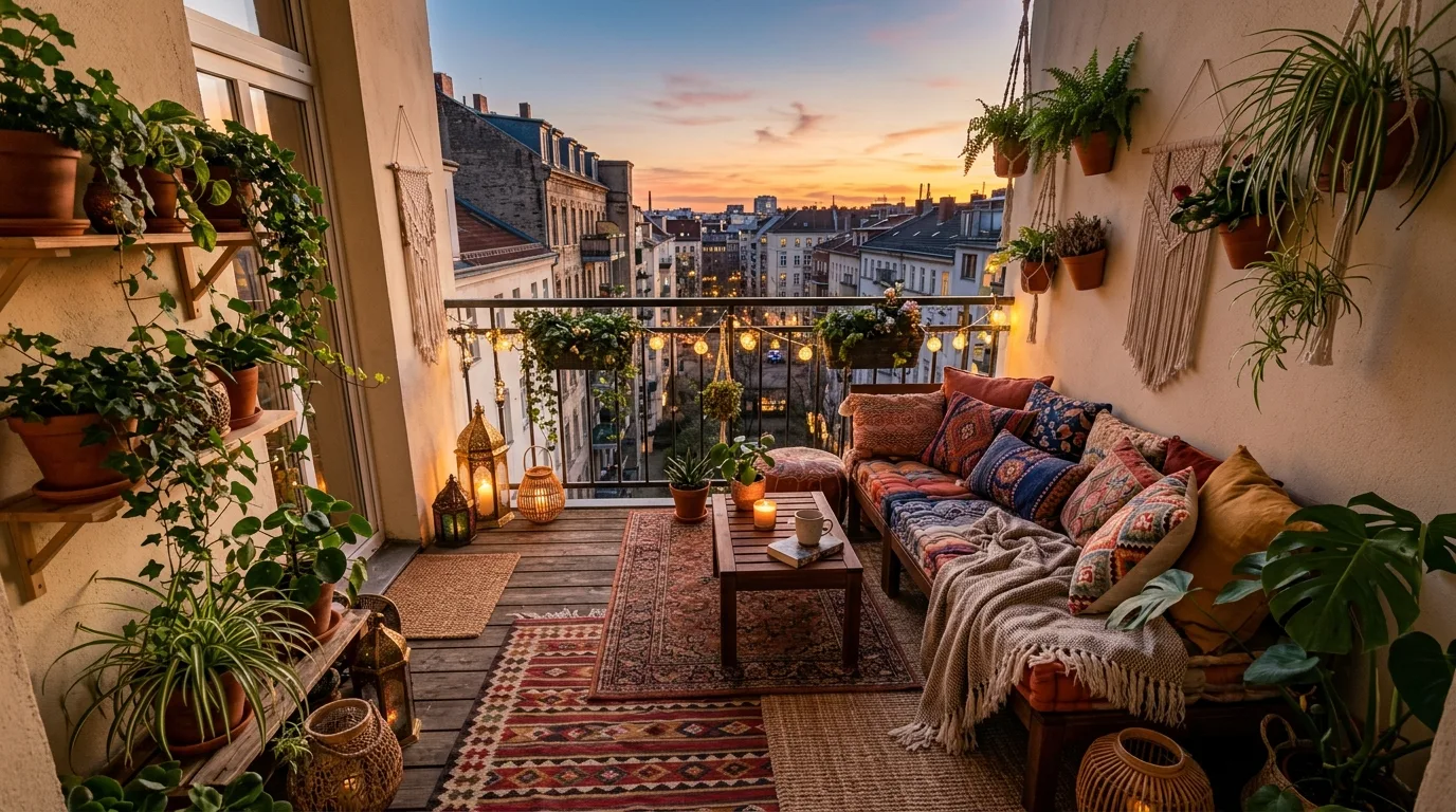 A sunny balcony landscape with terracotta pots and flowers, no people